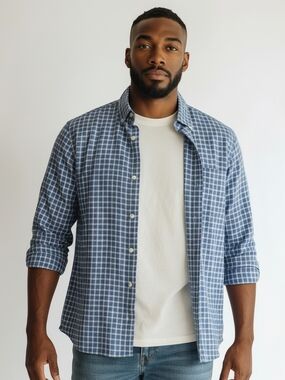 Johnston & Murphy Blue Windowpane Check Button Down Shirt Cotton Medium